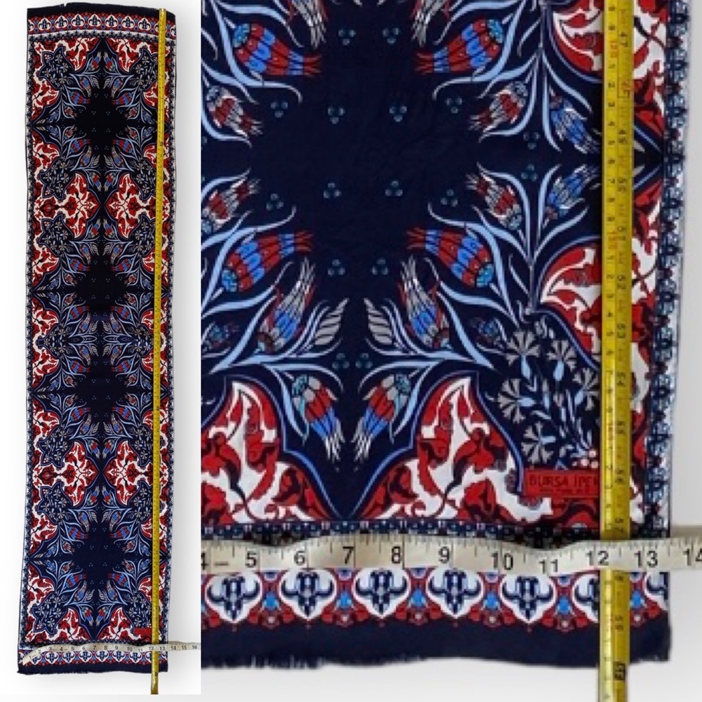 Bursa Ipek 100% Pure Silk Foulard Scarf Turkish Motif Design Red Blue White - Picture 9 of 9